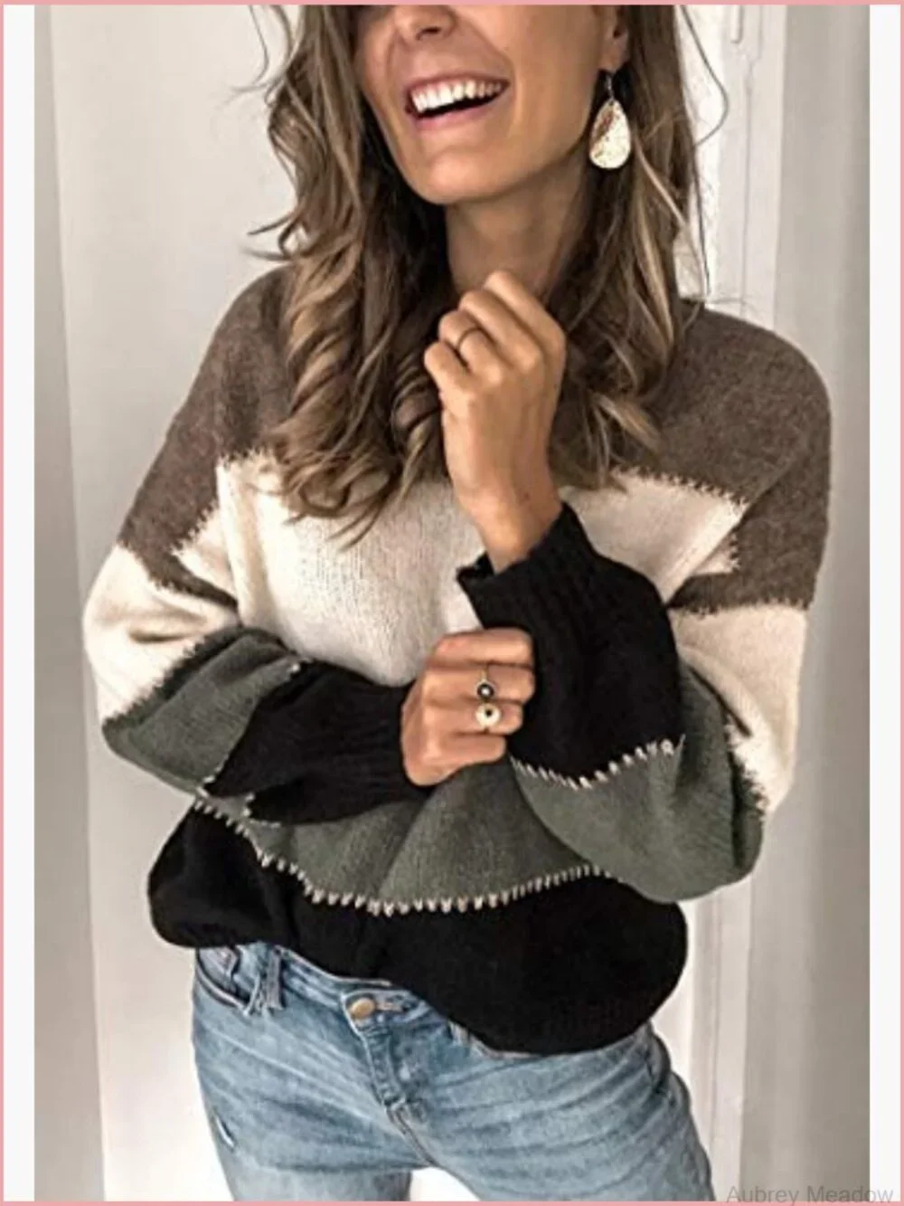 Casual Long Sleeve Crewneck Color Block Patchwork Knit Pullover Sweater Top